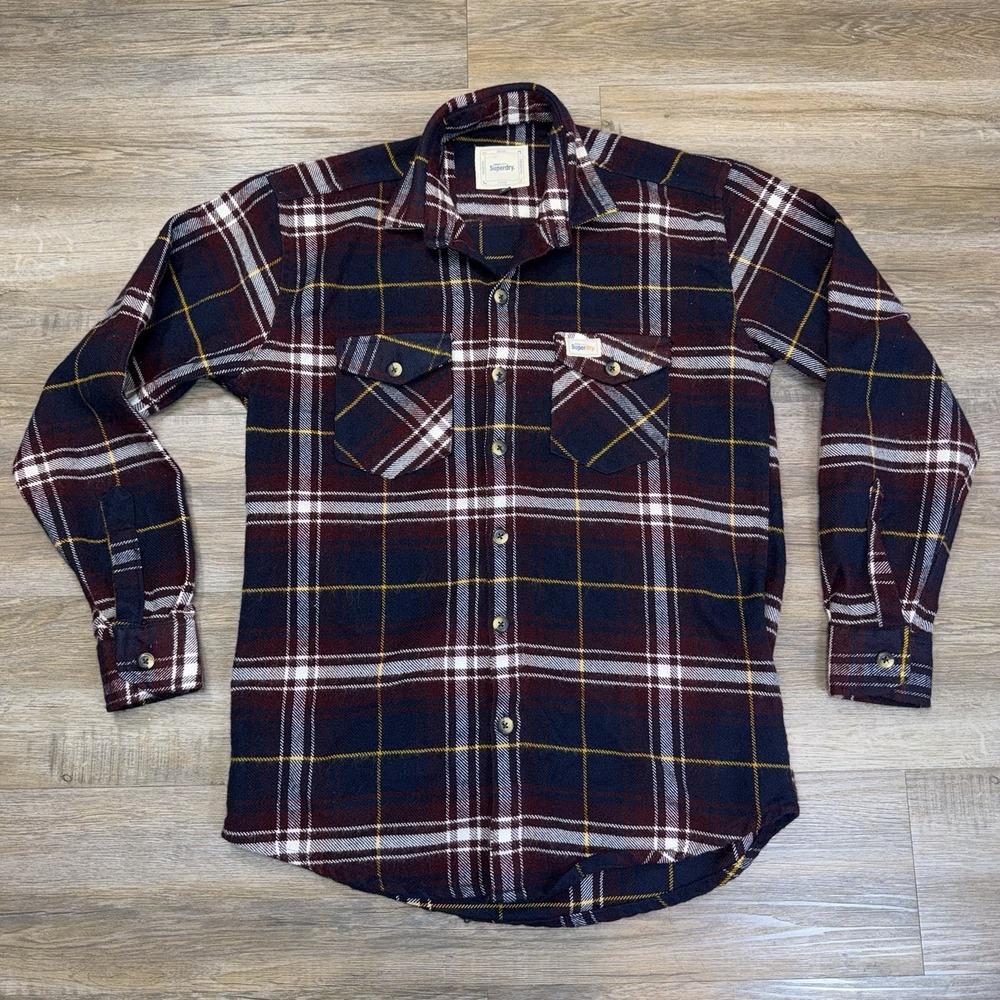 Y2K SuperDry LumberJack Flannel Shirt Mens XL Rich Navy Maroon Yellow Check Logo